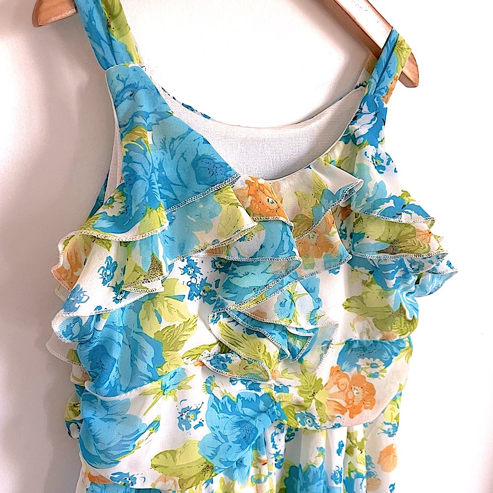 Handmade Like New Chiffon Sleeveless Wedding Dress, Ruffles, Teal Ivory Floral